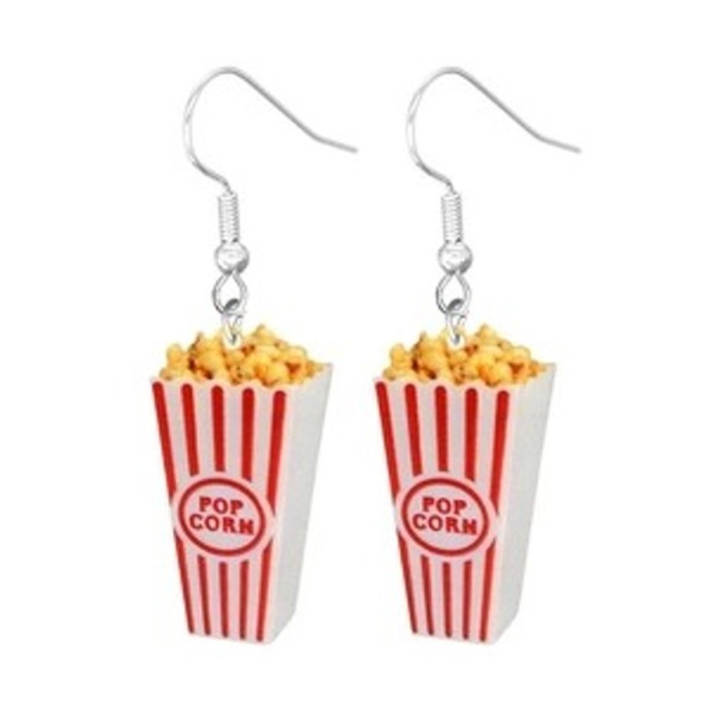 Popcorn Bucket Dangle Earrings Red White Striped Movie Theater Food Jewelry